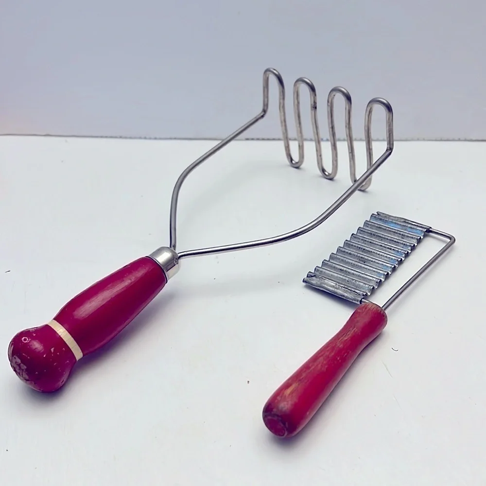 Vintage Kitchen Utensils Painted Red Handles Potato Masher Wavey Kringle Cutter